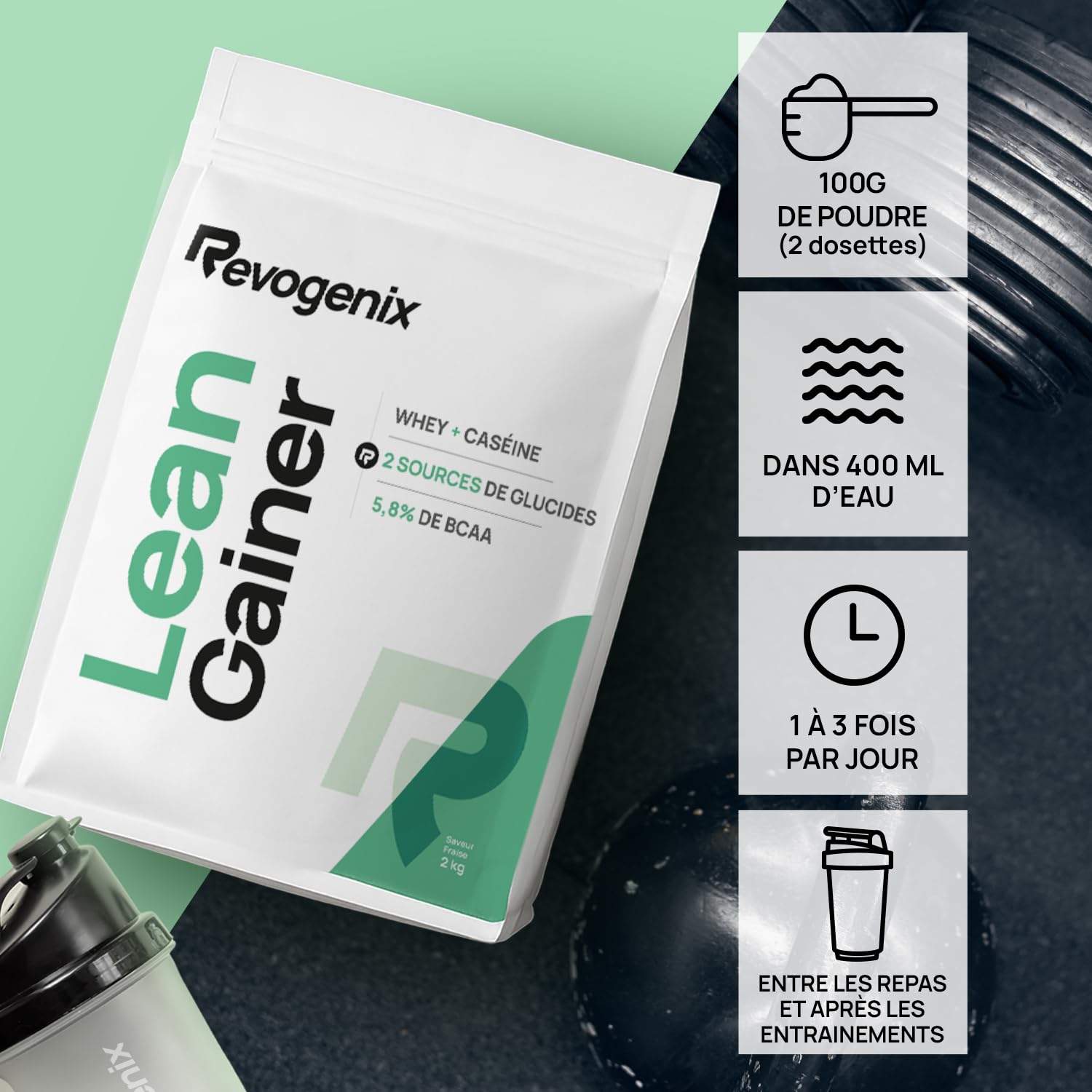 LEAN GAINER | Protéines avec Whey + Caséine | Glucides avec Farine d’avoine + Maltodextrine | Gainer Prise de Masse Musculation sèche | Riche en BCAA | Doypack de 2 kg Saveur Fraise | REVOGENIX