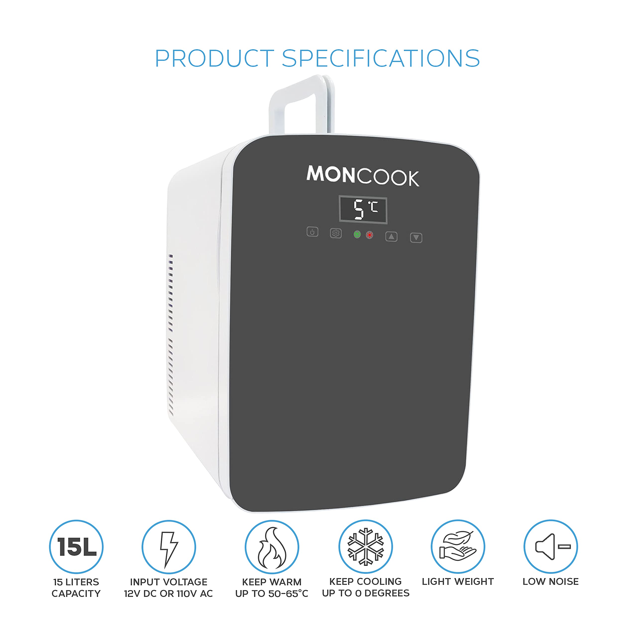 MONCOOK Mini Fridge For Bedrooms - Digital LED Display - Glass Door Mini Fridge For Skincare, Food & Drinks - Cooling & Warming Function - Perfect For Home, Office, Car Or Travel - 15L Grey