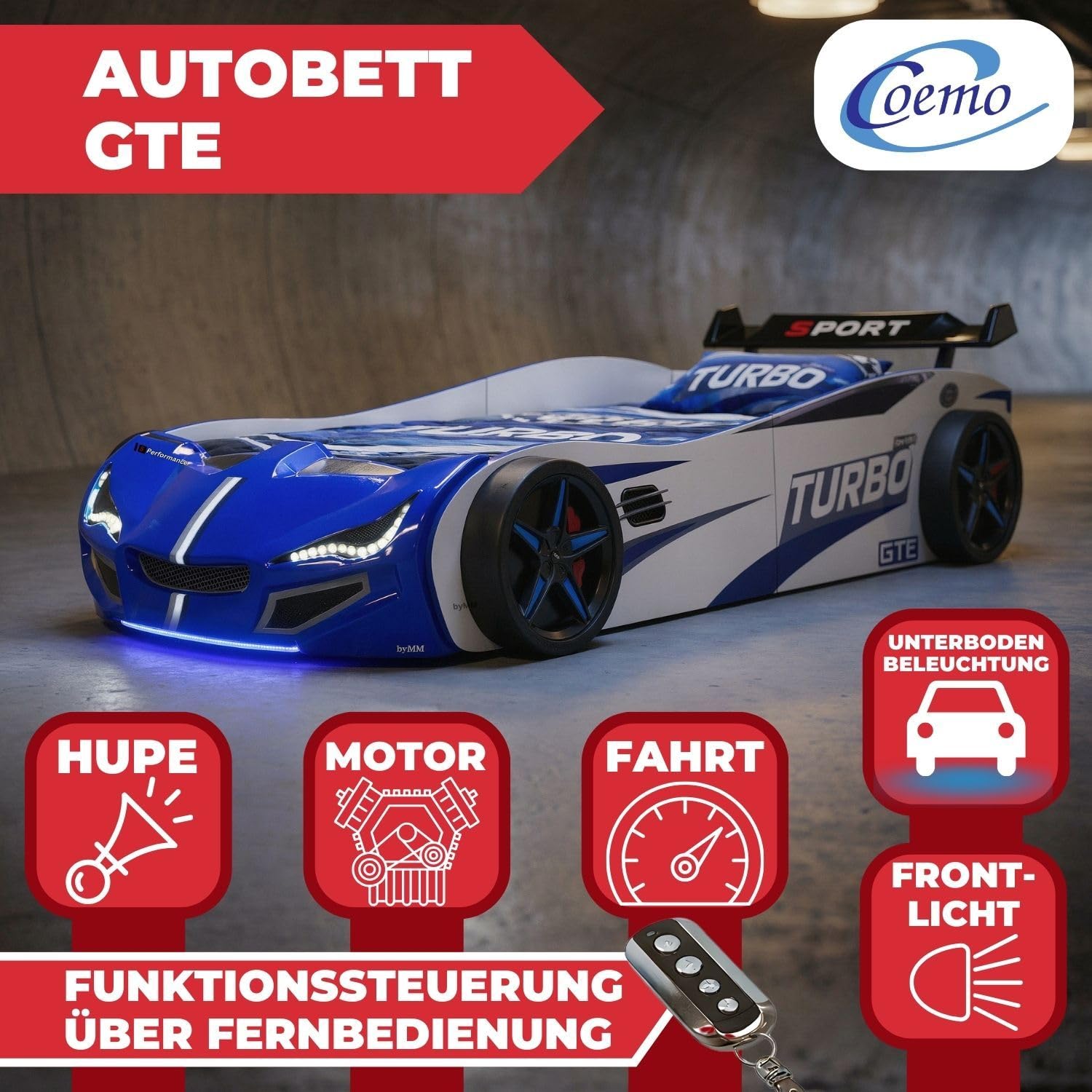 Coemo Autobett GTE Kinderbett 90x200 Rennwagenbett inkl. Rollrost, Sound Hupe Motor, LED-Leuchte Bett Farbe Blau Sportwagen-Design Spoiler