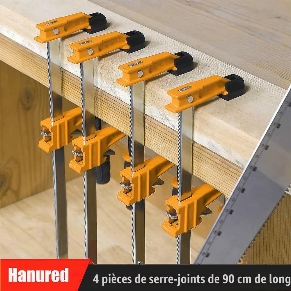 Lot de 4 Serre-joints, Largeur de Serrage 900mm, Profondeur de la mâchoire 60mm, Force de Serrage Maximale de 270kg, Ajustables et à Dégagement Rapide