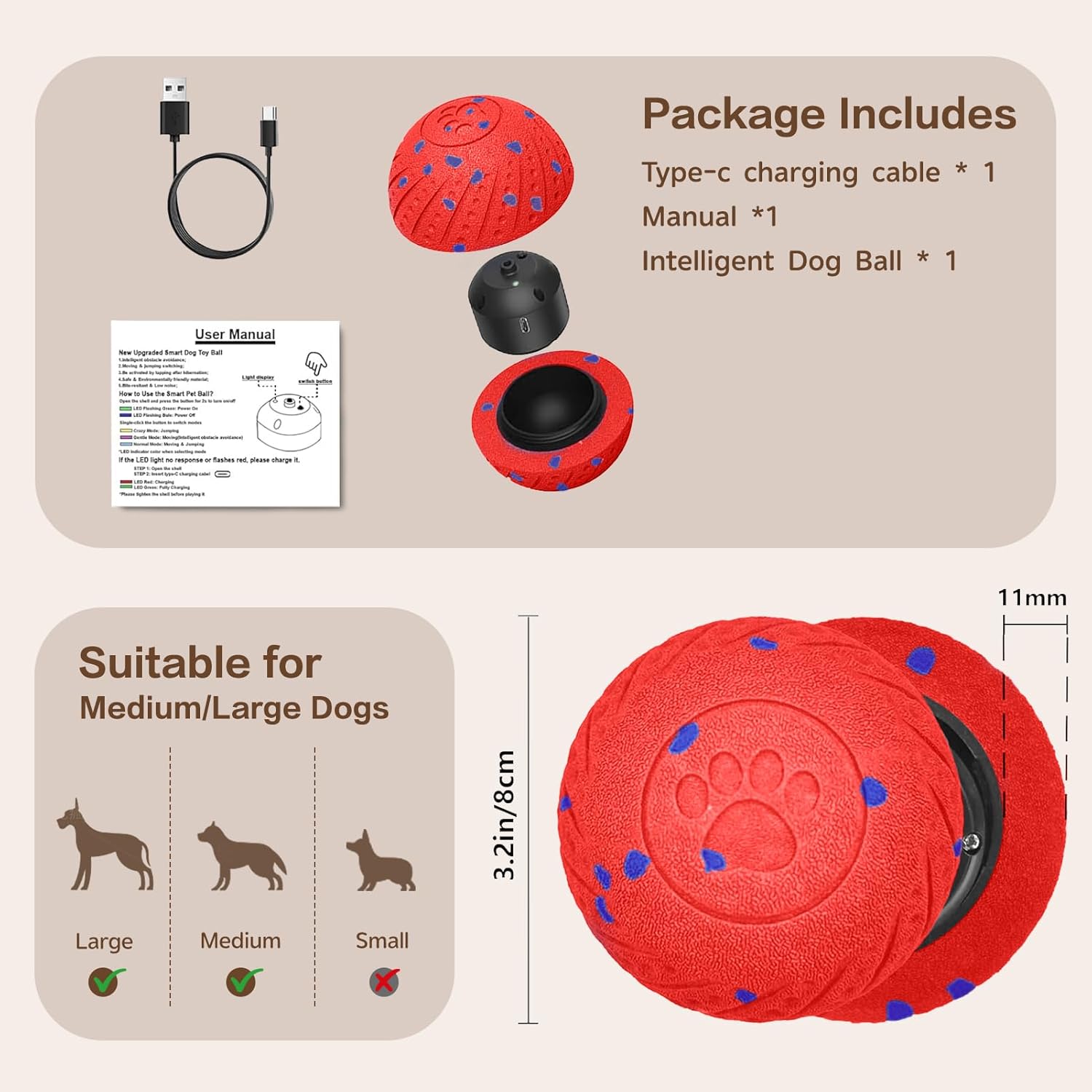 Interactive Dog Ball, Smart Interactive Dog Toys for Medium and Large Dogs, Automatic Moving, Bouncing, and Rotating Pet Balls with E-TPU Material, IP54 Waterproof Dog Toy to Keep Them Busy