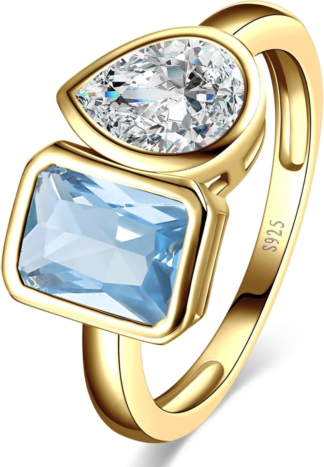 Yaresul 6x8mm 3.5CT Toi Et Moi Ring 925 Sterling Silver 14k Gold Plated Aquamarine Engagement Ring For Women Double Stone Ring Emerald & Pear Cut Cubic Zirconia Wedding Ring Width Band 1.9mm - Size 5-9
