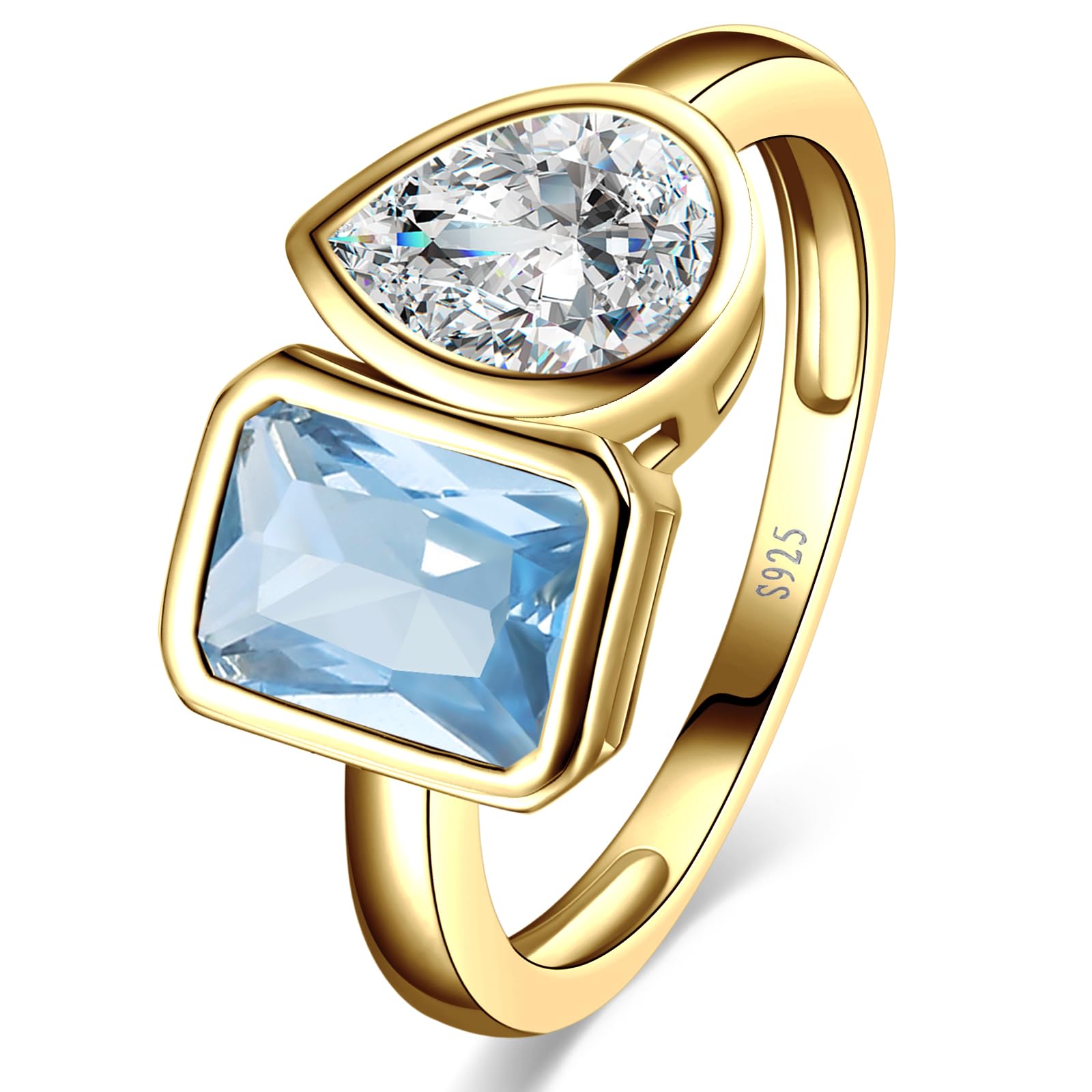 Yaresul Anillo de compromiso Toi Et Moi de plata de ley 925 chapado en oro de 14 quilates, anillo de compromiso para mujer, anillo de doble piedra, esmeralda y circonita cúbica de corte pera, anillo