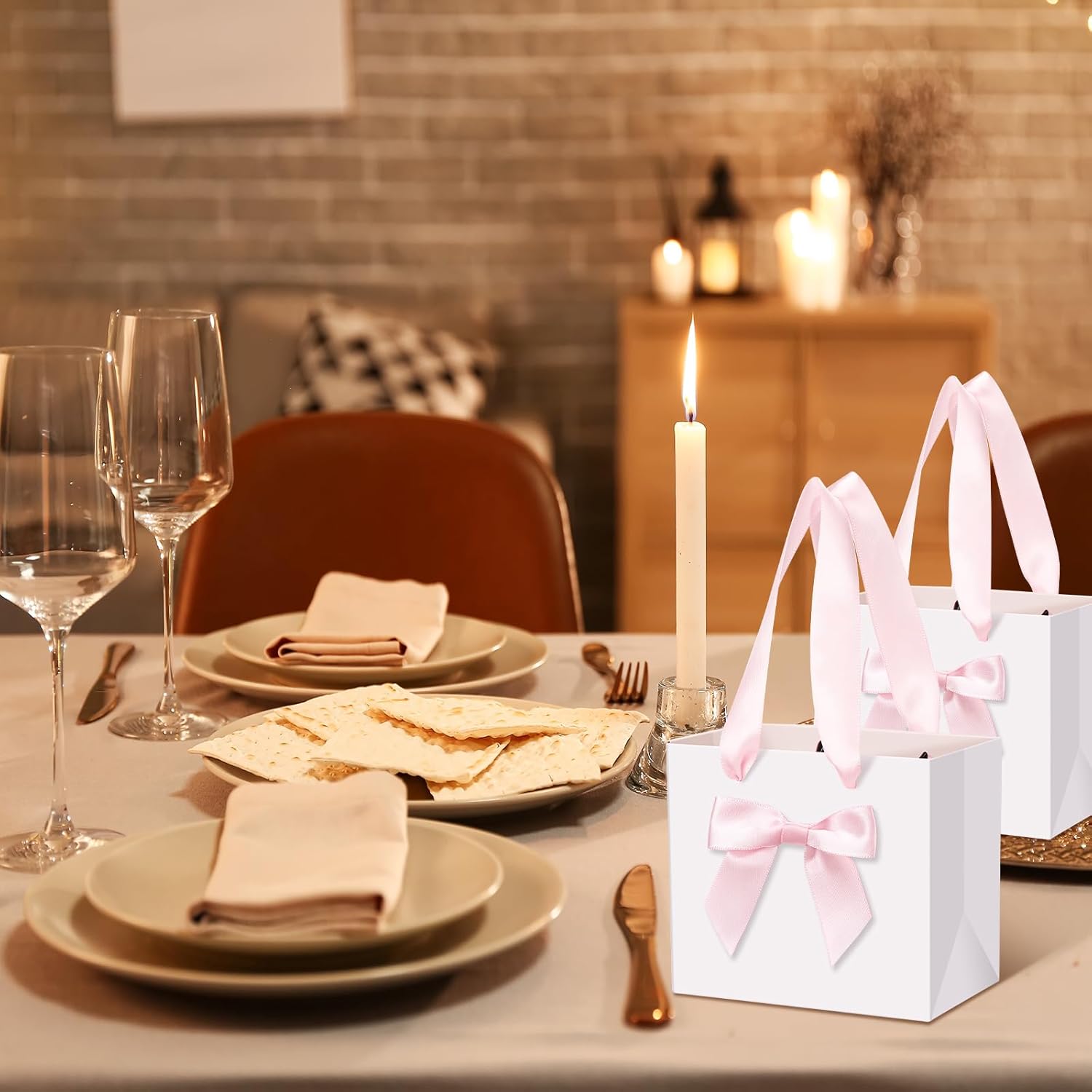 Kolldenn 50 Pcs Mini Gift Bags with Pink Bow Ribbon 4''x2.7''x4.5'' Small White Paper Thank You Goodie Gift Bags Bulk with Handle for Baby Shower Wedding Party Favor Birthday Return Guests