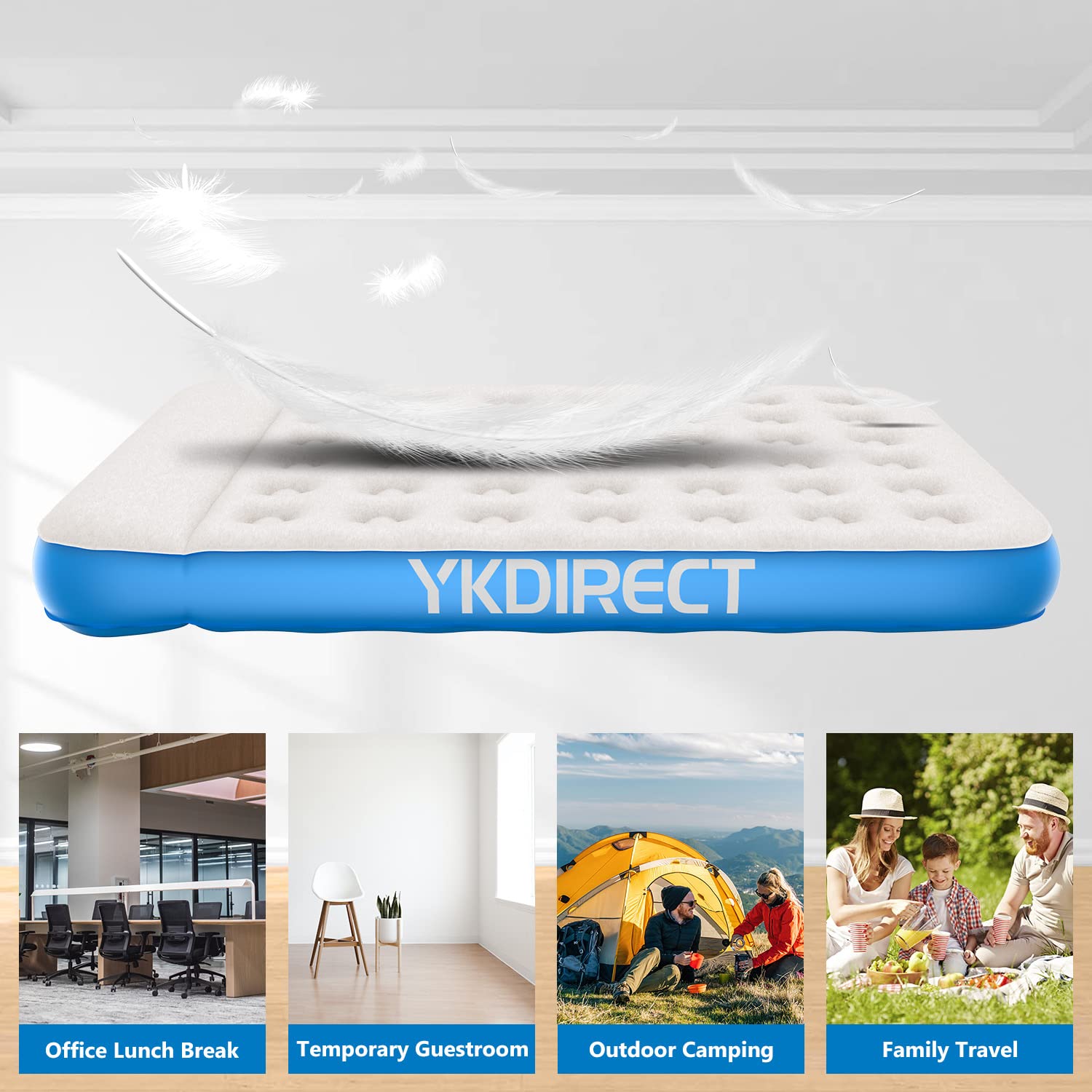 YKDIRECT Nadmuchiwane łóżko kempingowe z wbudowaną poduszką powietrzną dla rodziny, na kemping i podróże, wodoodporne i wygodne