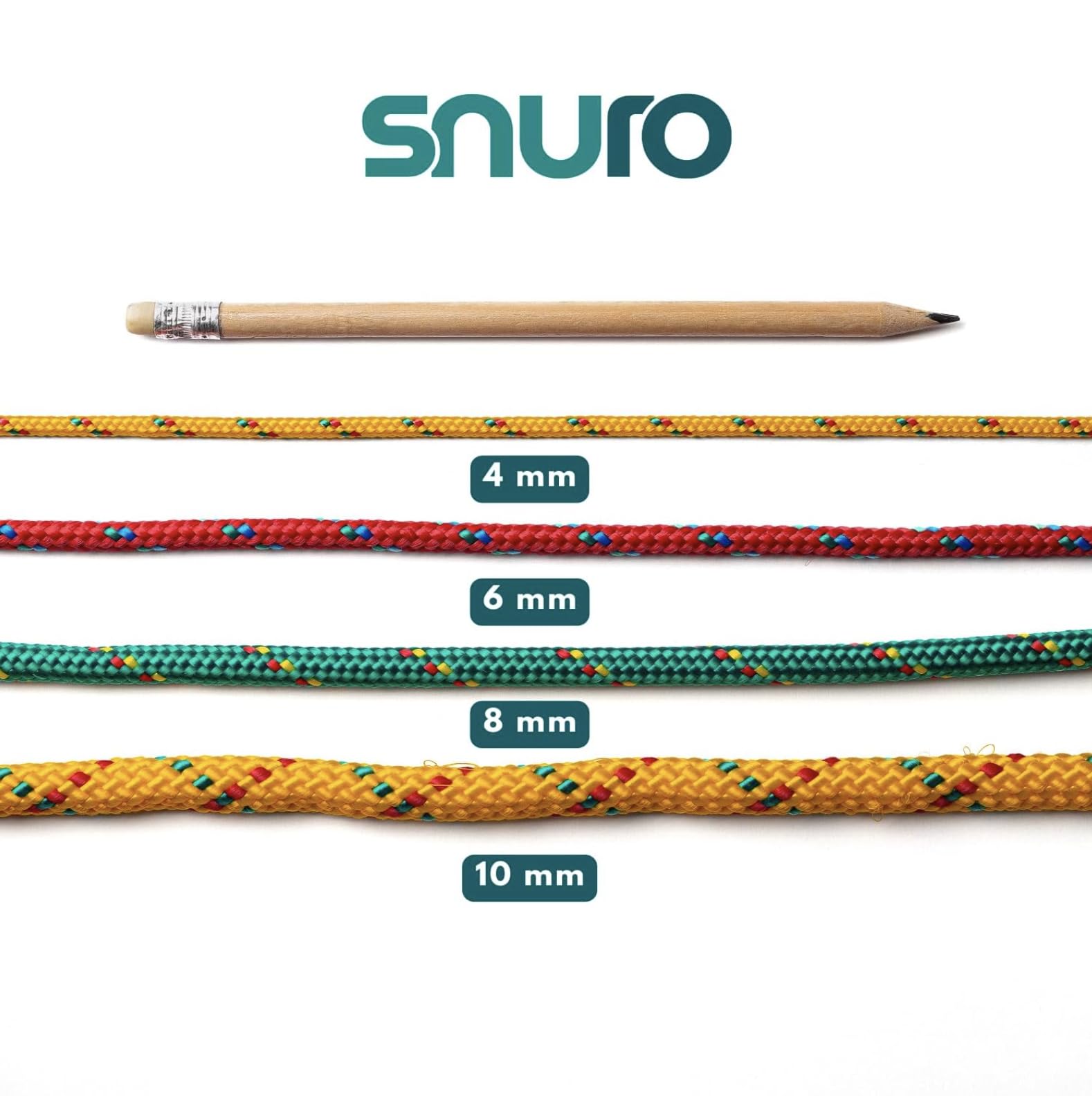 Cuerda de polipropileno SNURO (8 mm, 20 m, verde con rojo y amarillo) – Cuerda trenzada ligera y versátil para exteriores, supervivencia y jardín, ¡no para escalar! - Carga de rotura 918 kg