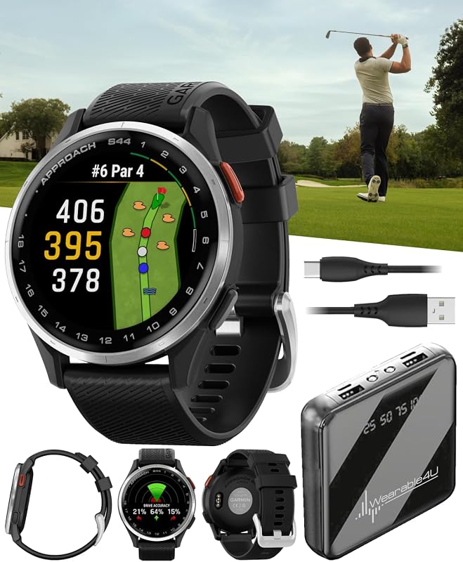 Garmin Approach S44 Golf GPS Smartwatch Bisel de aluminio plateado con banda de silicona negra y paquete de batería externa Wearable4U