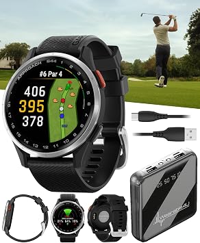Garmin Approach S44 Golf GPS Smartwatch Silver Aluminum Bezel with Black Silicone Band with Wearable4U Power Bank Bundle