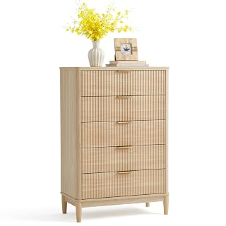 LINSY Fluted Dresser for Bedroom with 5 Drawers, Mid Century Modern Chest of Drawers with Gold Metal Handles, Tall Boho Wood Dressers, Large Farmhouse Storage Cabinet for Bedroom, Living Room, Oak - Amazon product rated Grade A