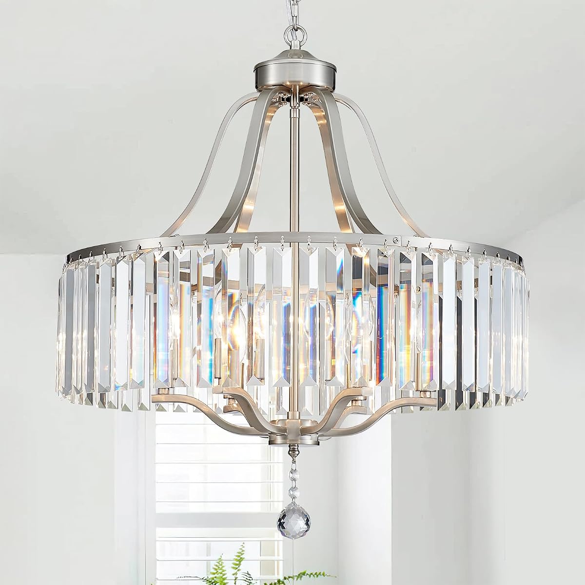 peskoe Modern Crystal Chandeliers Round 6-Light Large Brushed Nickel Pendant