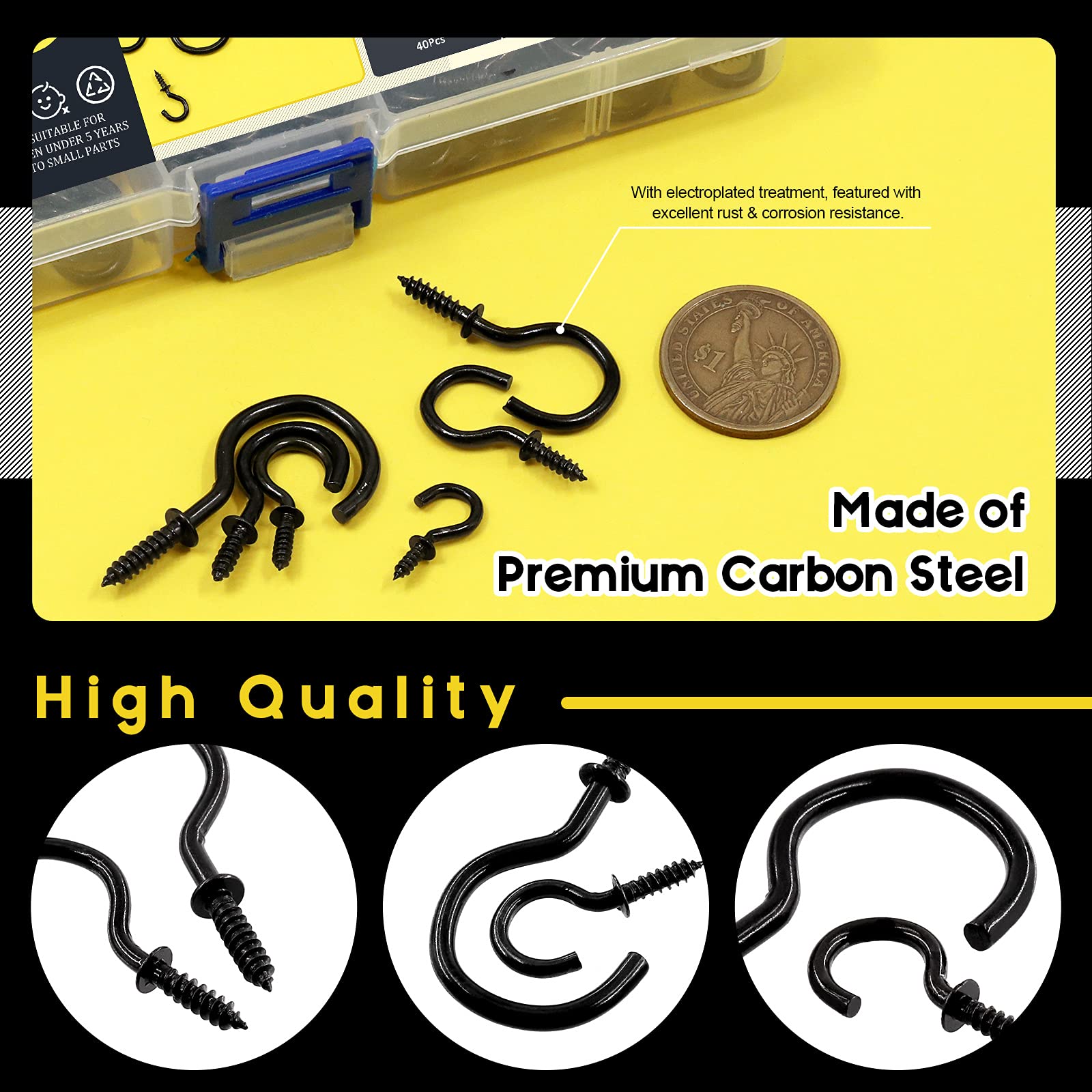 Mardatt 205 Pcs 7 Sizes Metal Hanging Hooks Kit Black Screw in Cup Hooks Light Hooks, Wall Ceiling Hook Hanger - Image 4
