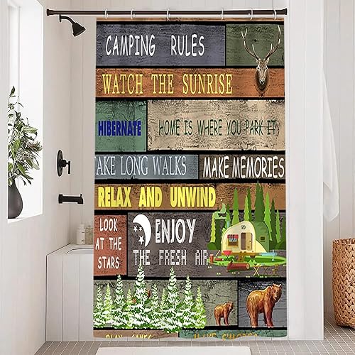 Miniatura 5 de Cortina de ducha de 60 x 72 pulgadas, con reglas de campamento, cabeza de alce, oso, caravana, remolque, campo, bosque, cortina de baño con tablones