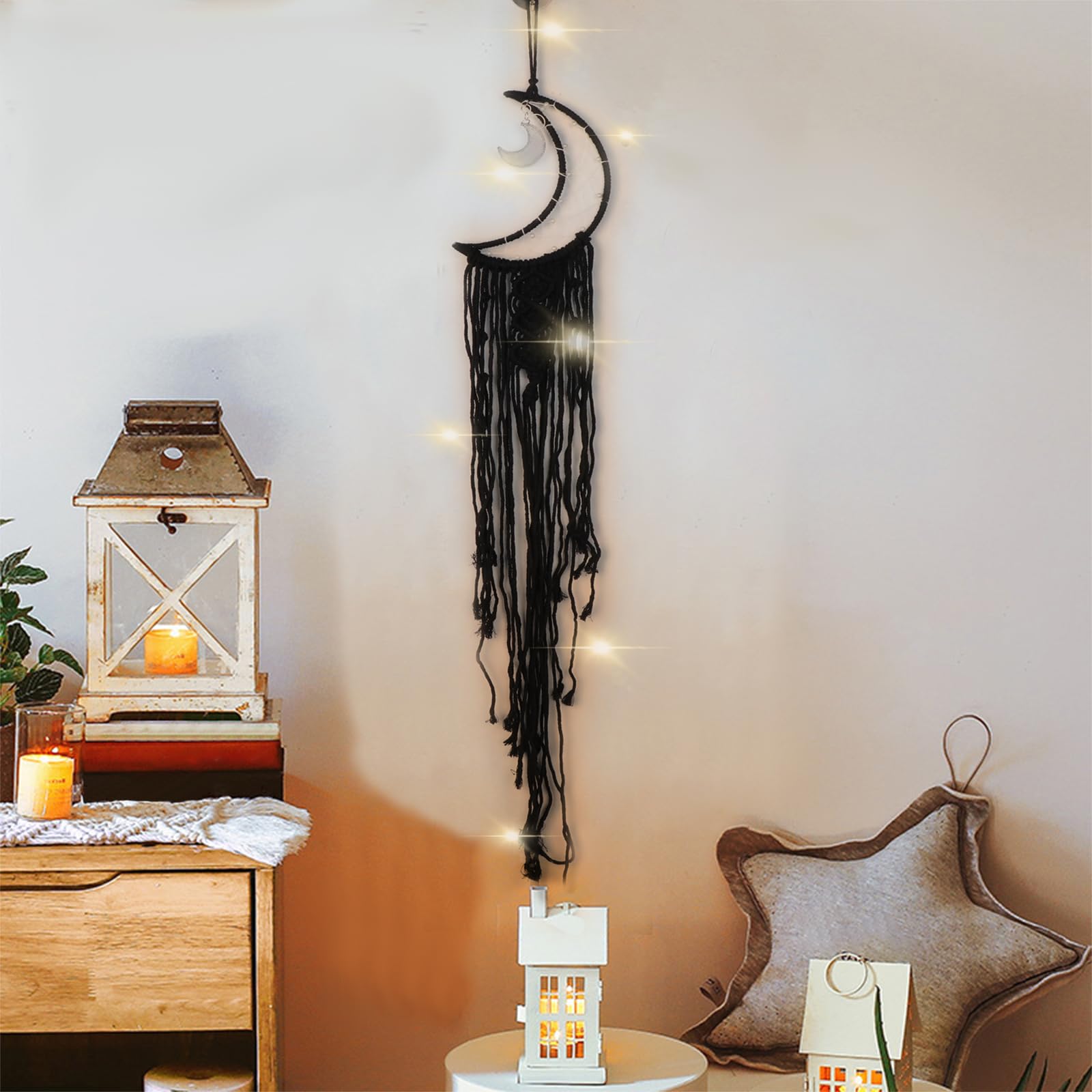 Black Moon Dream Catcher, Bohemian Dream Catcher, Handmade Dream Catcher for Mom, Friends, Women, Girls, Wall Decor, Bedroom Decoration (Moon-Black)