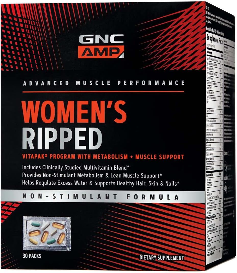GNC AMP Women's Ripped Vitapak Non Stimulant | Burn Up to 12X More Calories, Regulate Excess Water | Targeted Weight Loss Supplement | Great Hair, Skin & Nails with Biotin plus CLA | 30 Packs
