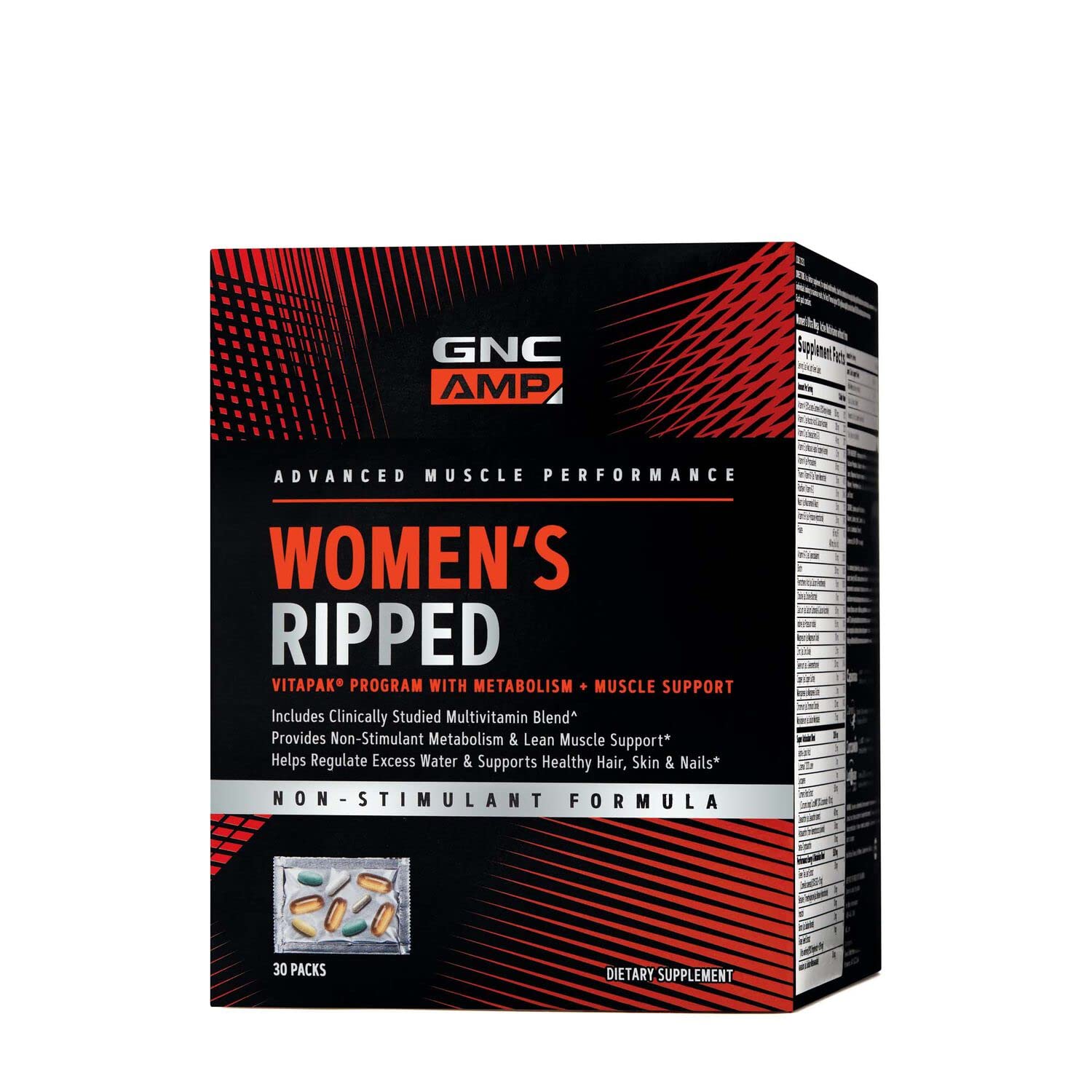GNC AMP Women's Ripped Vitapak Non Stimulant | Burn Up to 12X More Calories, Regulate Excess Water | Targeted Weight Loss Supplement | Great Hair, Skin & Nails with Biotin plus CLA | 30 Packs
