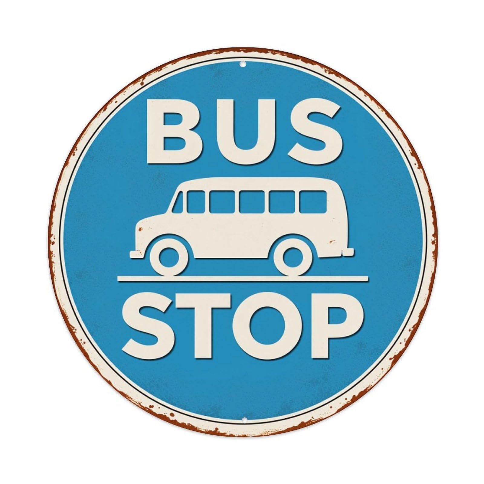 Bus Stop Sign With White Bus On Blue Background Round Vintage Tin Sign,Retro Wall Art,Metal Poster for Home, Bar, Garage, Cafe, Rustic Indoor & Outdoor Decor, 8x8 Inches