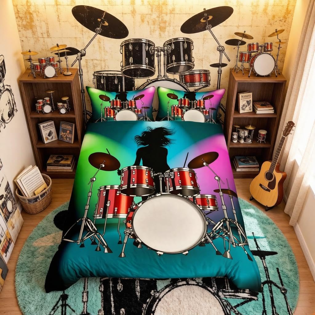 Loussiesd Drum Kit Bedding Set Rock Music Themed Duvet Cover For Kids Youth Teens Musical Pattern Comforter Cover Young Man Bedspread Bedroom Decor Quilt Cover 3Pcs King Size โ image 1