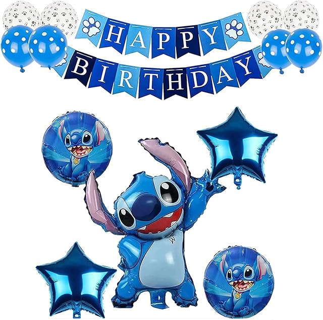 CloverCy Stitch Balloons 14Pcs Stitch Party Supplies - Happy Birthday Letters Banner for Stitch Theme Birthday Party Decorations