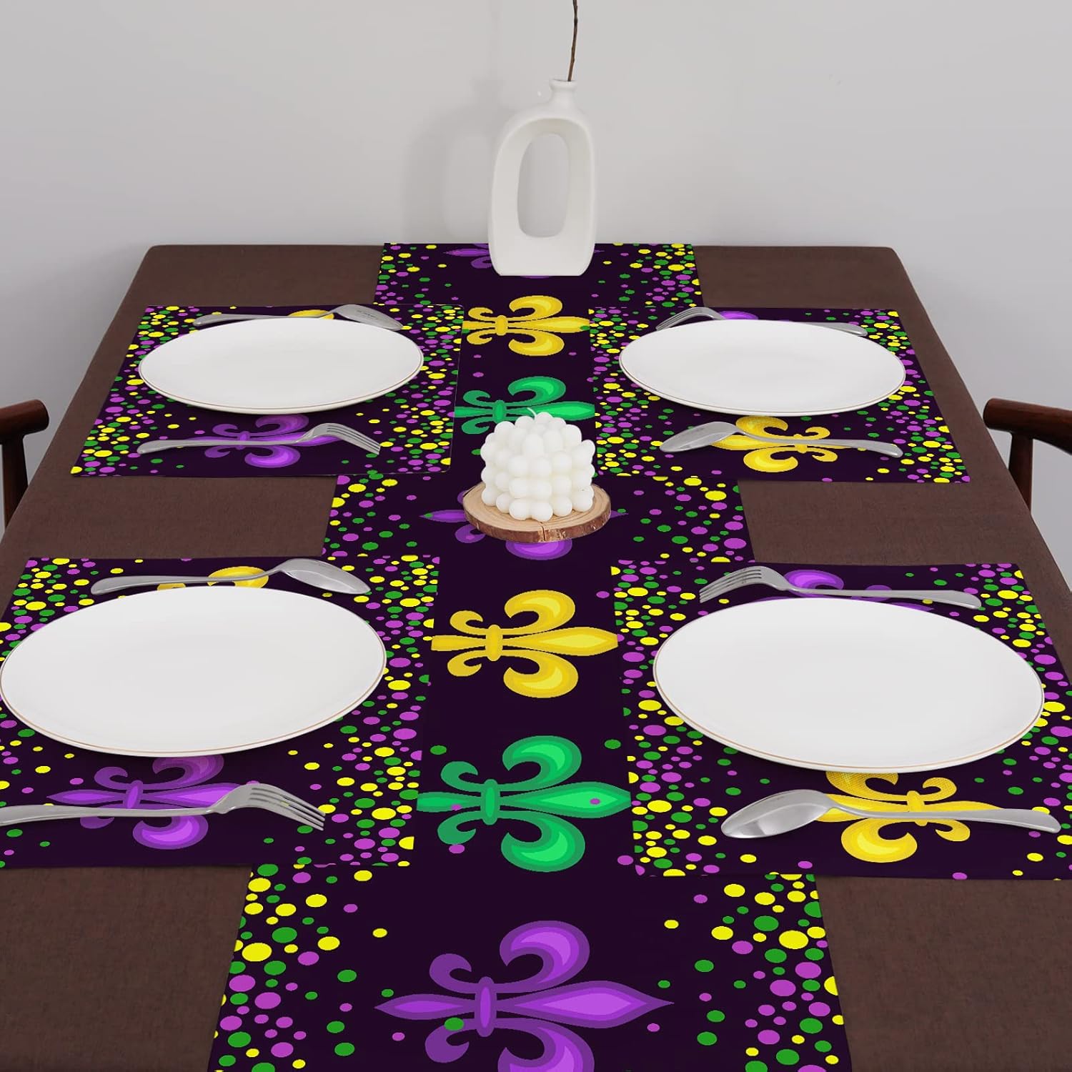 Mardi Gras Fleur De Lis Table Runner Carnival Purple Green Yellow Table Runners 72 Inches Long for Kitchen Dining Table Decoration Holiday Masquerade Party Indoor Outdoor Decor : Home & Kitchen