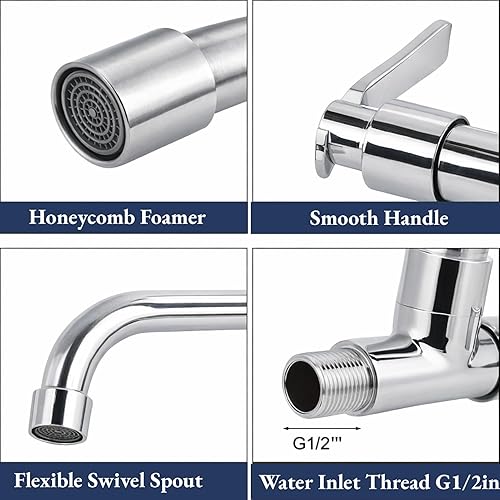 Miniatura 4 de AUNMAS Grifo de cocina de montaje en pared, grifo de agua fría G1/2 pulgadas, color plateado, grifo de lavabo de lavado individual, lavabo