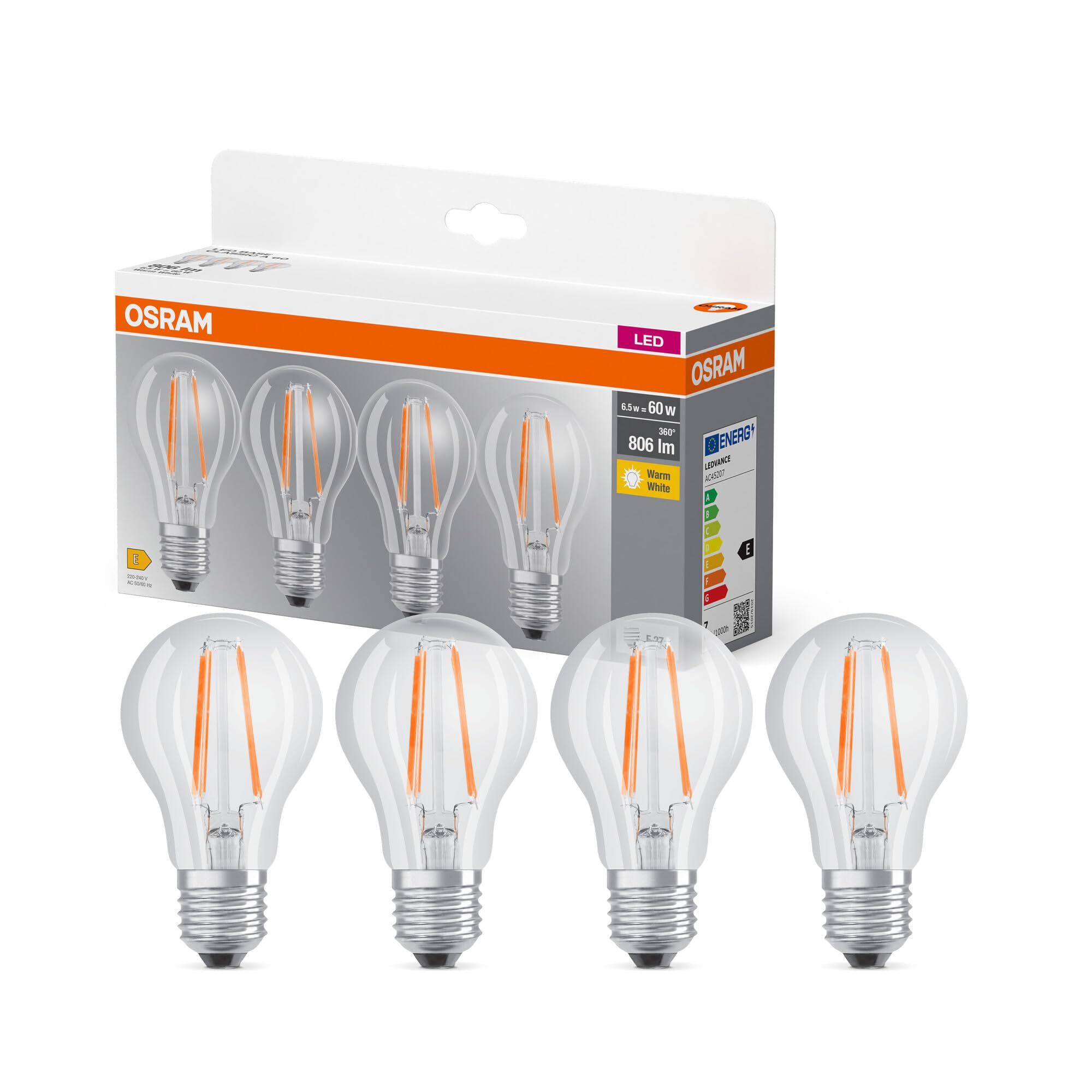 OSRAM LED BASE A60, confezione vantaggiosa con 4 lampadine, sostituisce le tradizionali lampadine da 60W, 6.5W, bianco caldo (2700K), vetro a filamento, non dimmerabile, forma a bulbo, E27
