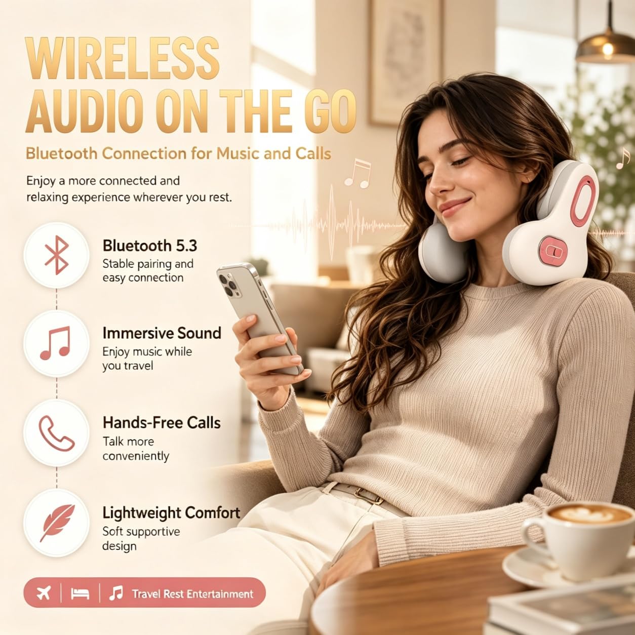 Almohada de Viaje Musical 3 en 1 Bluetooth con Calor y Masaje,masaje de cuello ANC, almohada portátil en forma de U,Coche y Descanso Diarioasaje