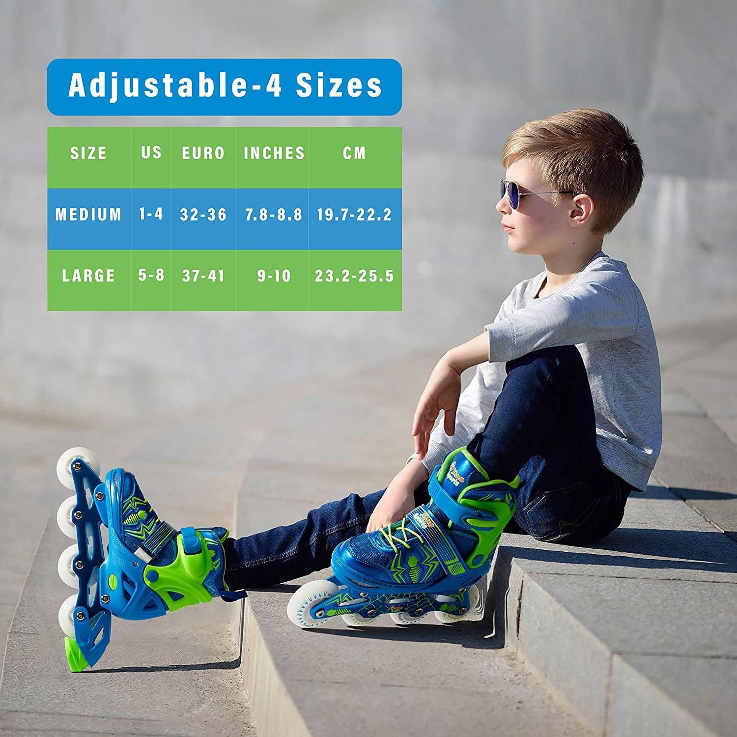 Xino Sports Adjustable Inline Skates - for Growing Girls and Boys, Featuring Illuminating LED Wheels, Size Medium (1-4) : Sports & Outdoors