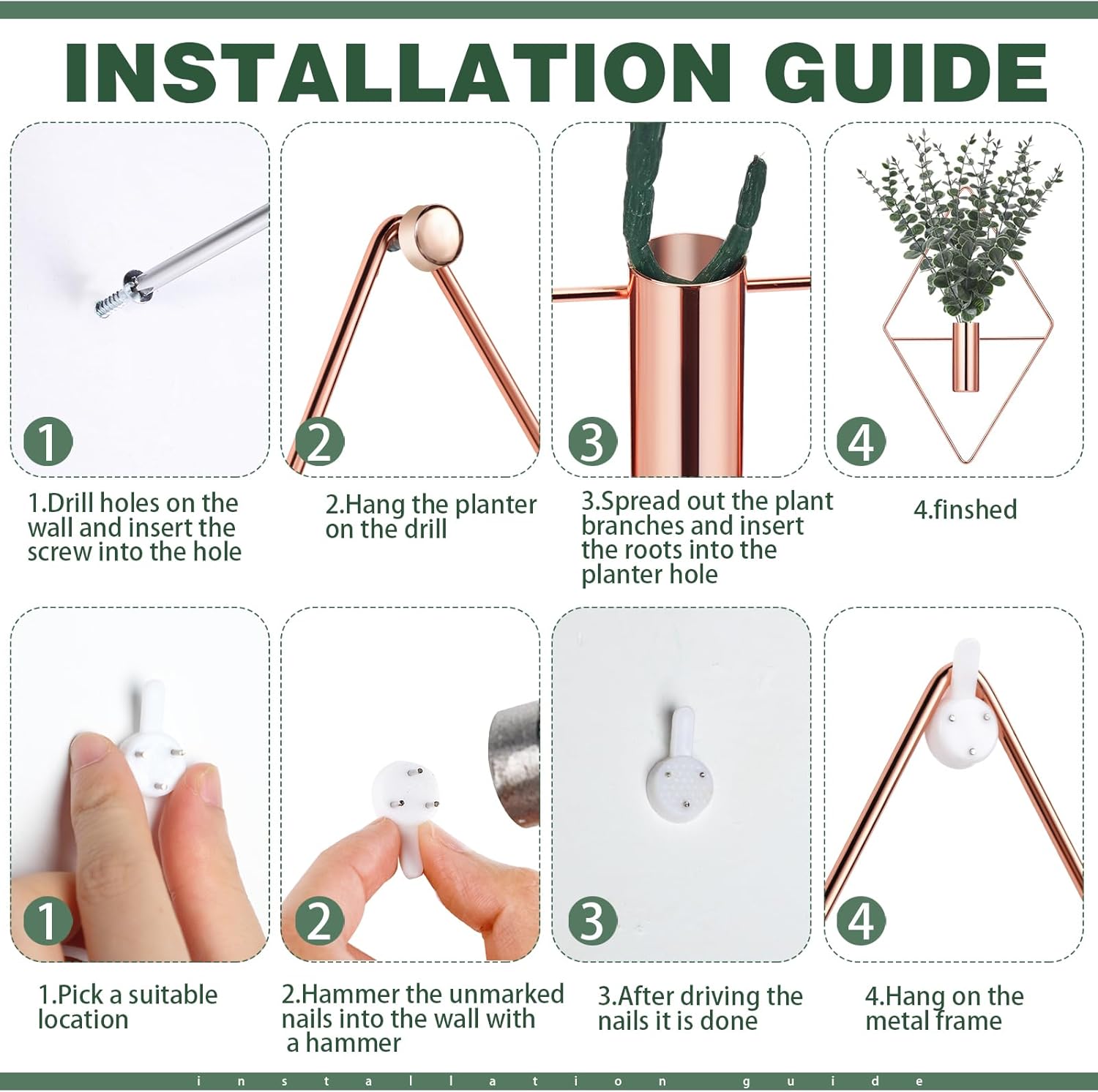 Jexine 8 Pcs Hanging Planters with Artificial Eucalyptus Metal Hanging Vase Indoor Plants Holder Modern Geometric Boho Bathroom Wall Decor for Living Room Home Office (Eucalyptus,Rose Gold)