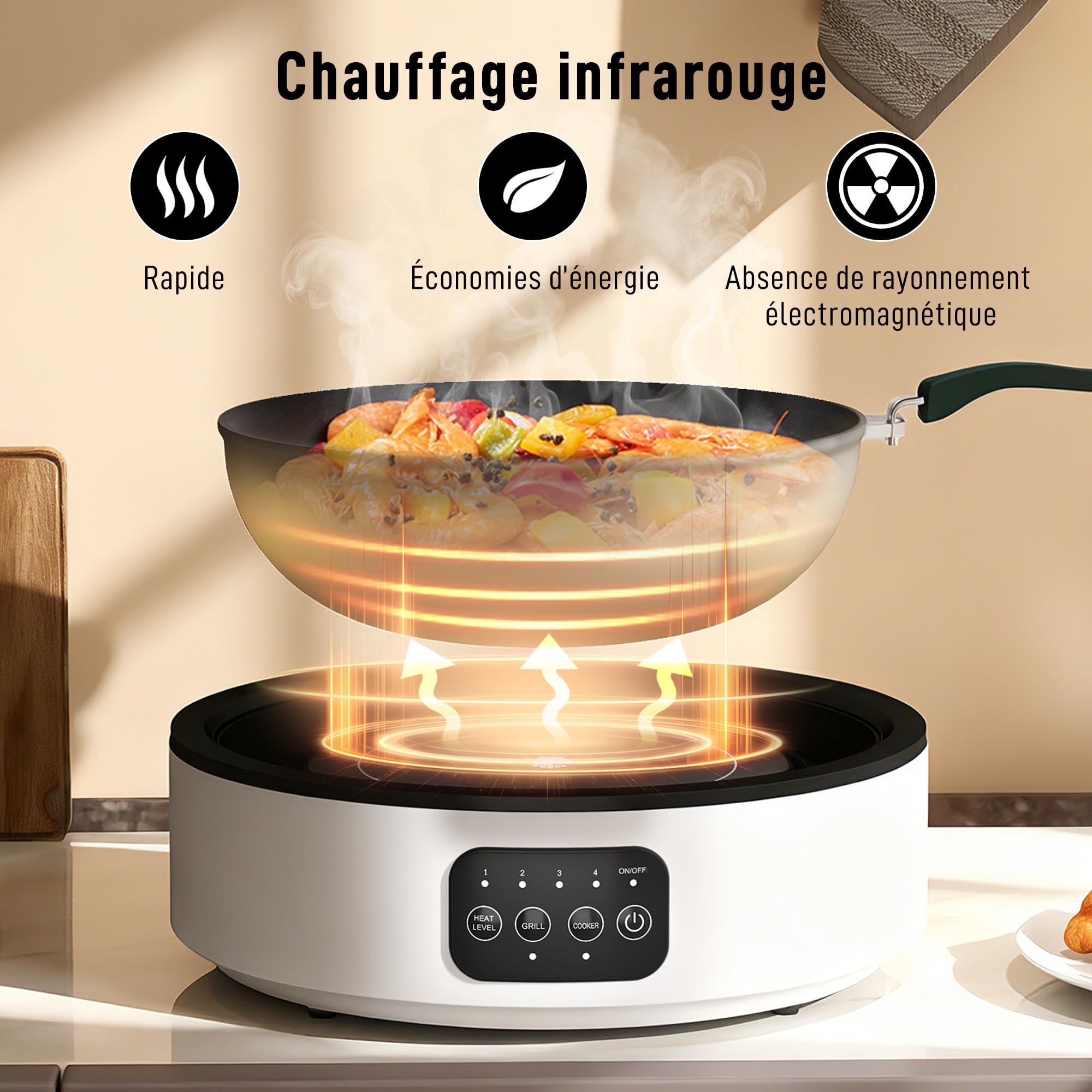 HOMCOM Plaque de cuisson et de gril 2 en 1 vitrocéramique, 2000 W, blanc | 4 niveaux de puissance, affichage LED, bac récupérateur graisse, chauffage infrarouge, tous types de casseroles