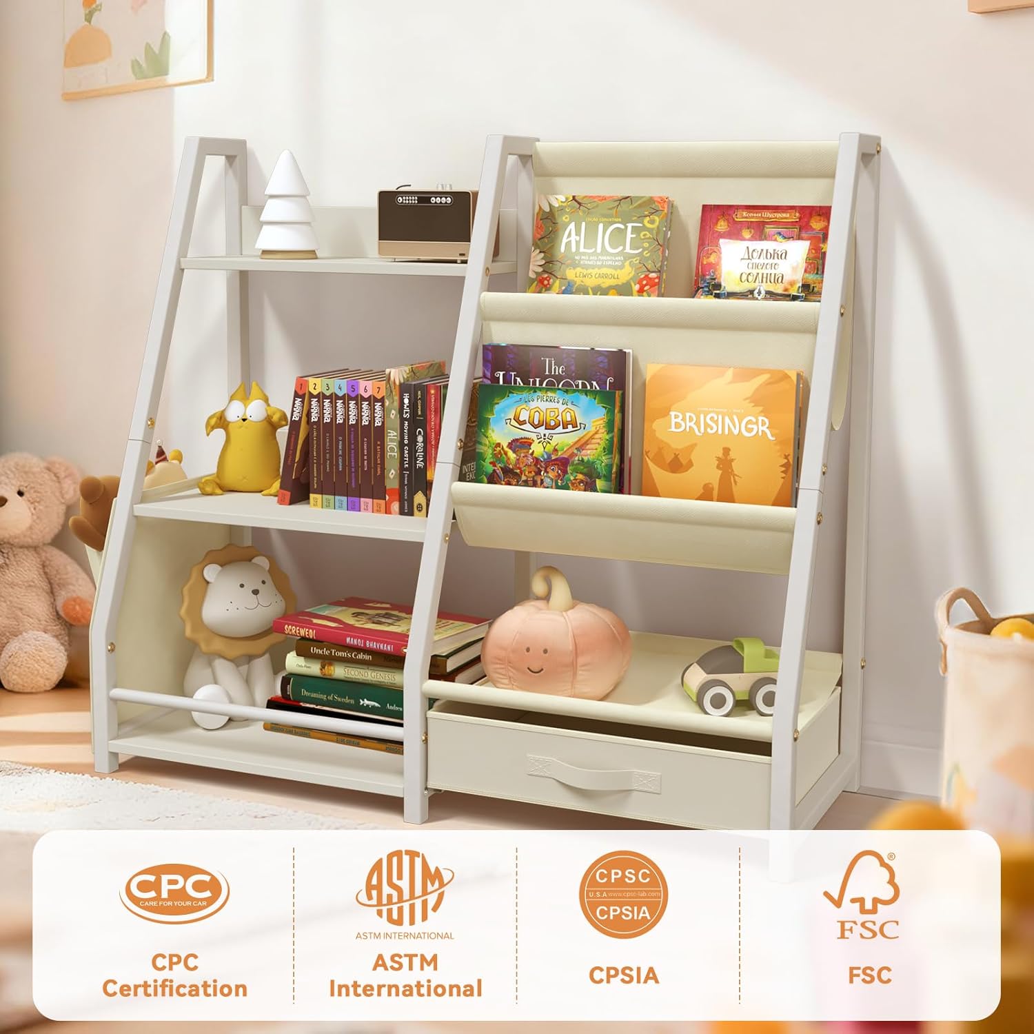 Montessori Kids Bookshelf, Wooden Baby Bookshelf with 3 Tier Toy Storage Shelf, Movable Drawer & Side Packet for Bedroom Playroom Nursery