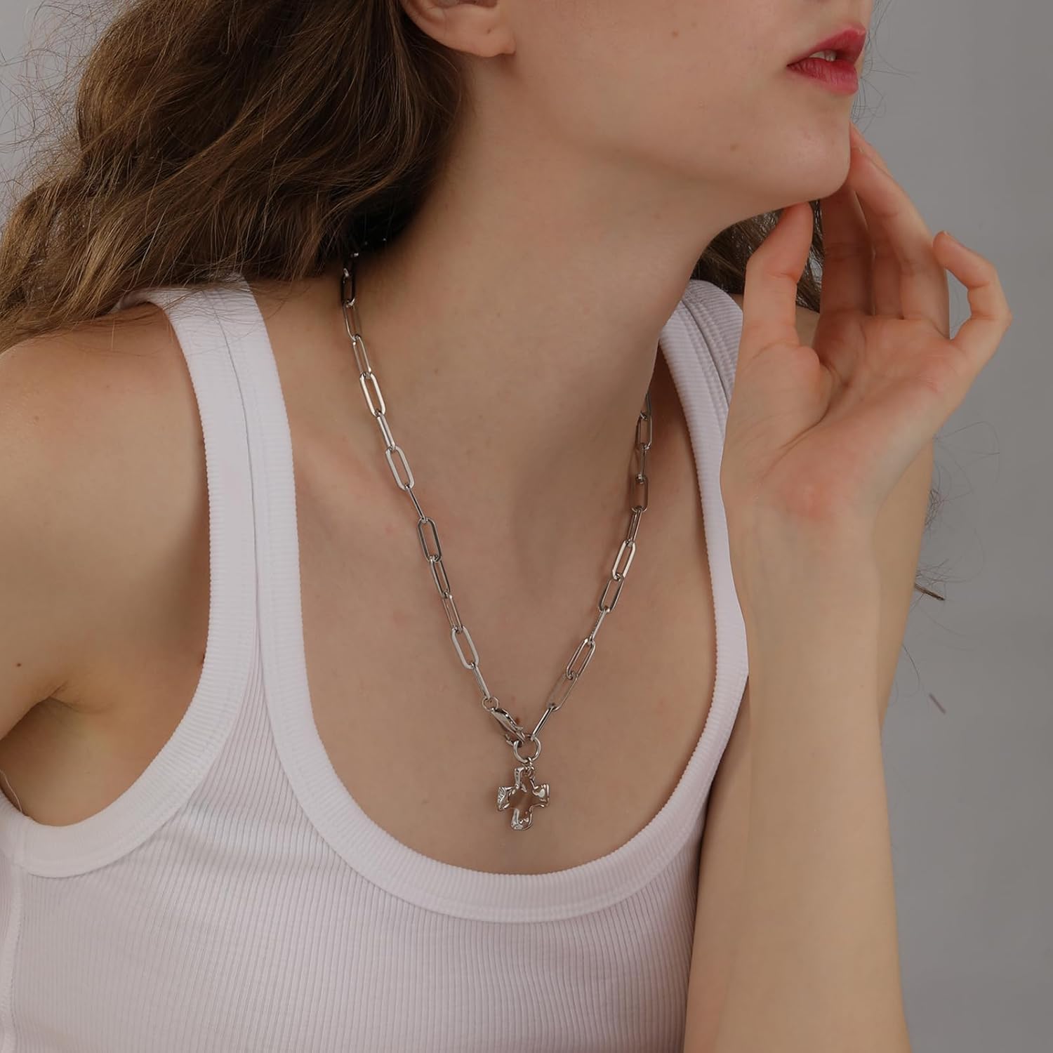 Chunky Cross Necklace for Women Trendy Gold Silver Layered Statement Cross Pendant Charm Necklace Vintage Paperclip Herringbone Snake Choker Chain Costume Jewelry Set Gift Non Tarnish - Image 4