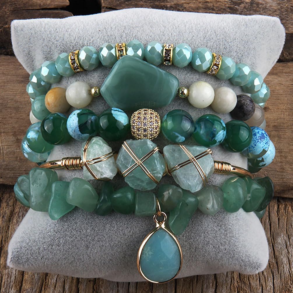 Boho Stackable Bracelets for Women, 5Pcs Natural Stone Beaded Bracelet Set for Women Jewelry Gifts