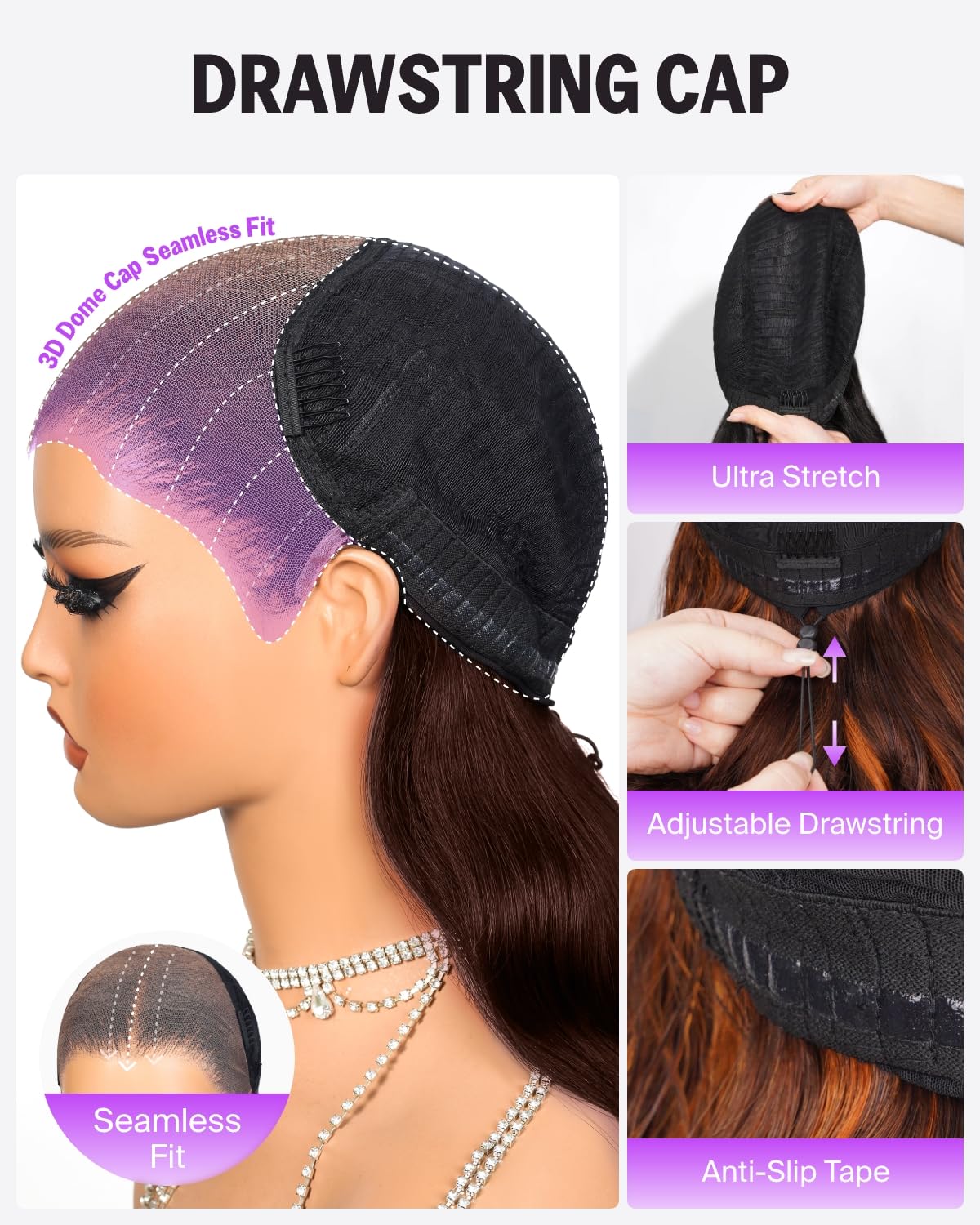 13x6 Highlight Glueless Wigs Human Hair Pre Plucked Pre Cut HD Ear-to-Ear Lace Frontal Wig Human Hair 220% Density Highlight Dark Brown Drawstring Lace Front Wig Human Hair 26 Inch 2P430