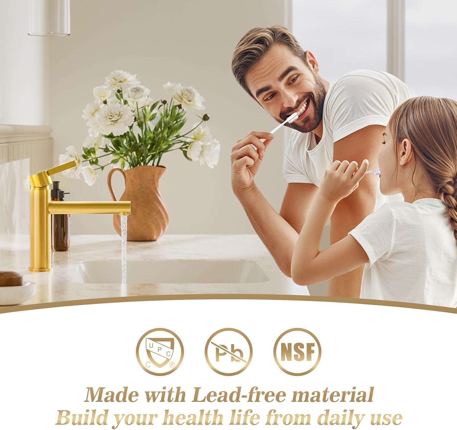 Phiestina Single Hole Brushed Gold Single Handle Bathroom Sink Faucet, Modern Bathroom Faucet with Metal Pop-up Drain & Water Supply Line, FH01-BG
