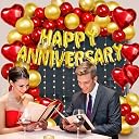 Party Propz Red and Golden Happy Anniversary Decorations for Home Kit - 73 Pcs Happy Anniversary Foil Balloon Banner, Red and Golden Metallic Balloons, Heart Shape Foil Balloons, LED Light ( 9m ) gallery image