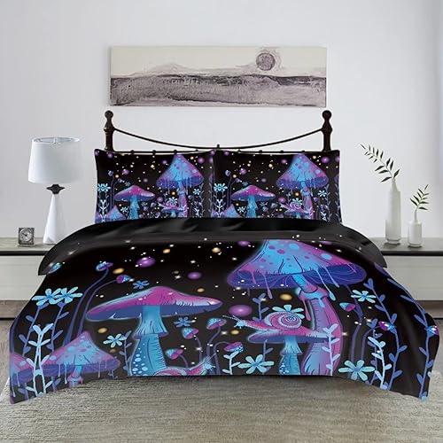 Miniatura 2 de BIGCARJOB Juego de funda de edredón de hongos, juego de funda de edredón con patrón de hongos trippy, juego de ropa de cama de dibujos animados para