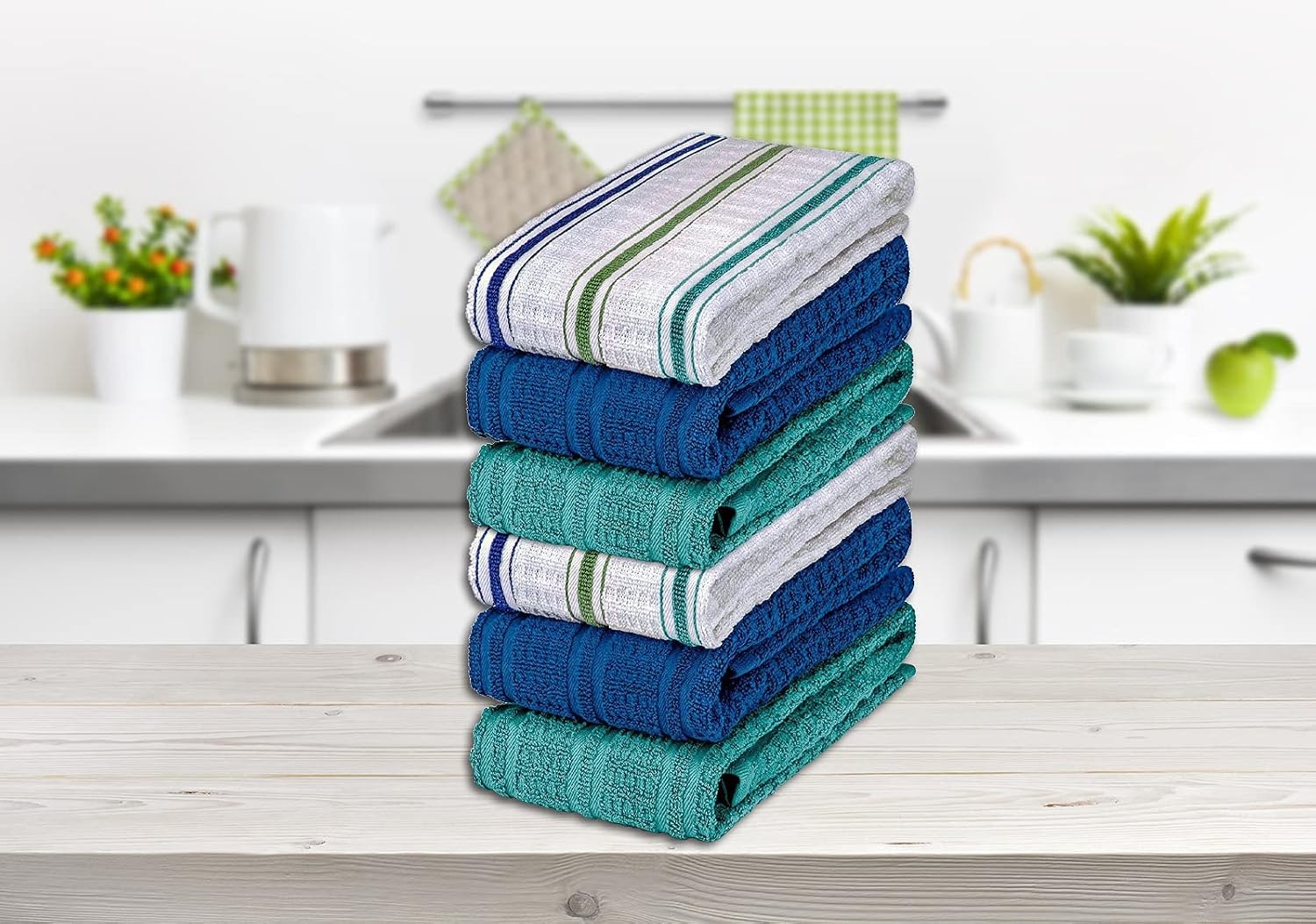 DecorRack 6 Large Kitchen Towels, 100% Cotton, 16 x 27 inches, Thick Absorbent Dish Drying Cloth, Perfect for Kitchen, Soft Hand Towels and Tea Towel, White, Blue and Teal Colors (6 Pack)