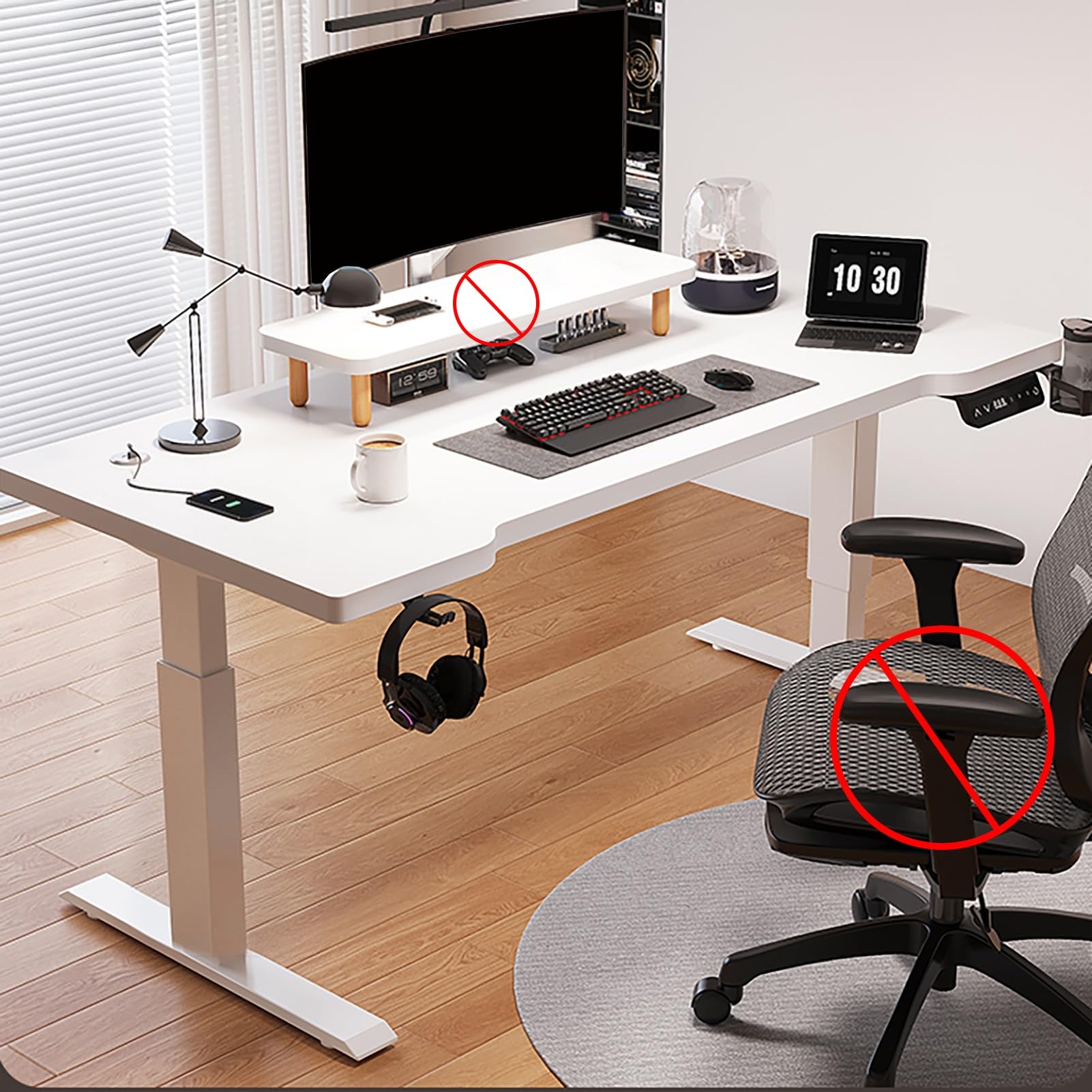 MYUYEE Standing Desk Adjustable Height, Sit Stand Up Desk, 3 Memory Height Settings, Computer Gaming Desk, Office Desk With Cup Holder And Headphone Hook (White-120X70Cm)