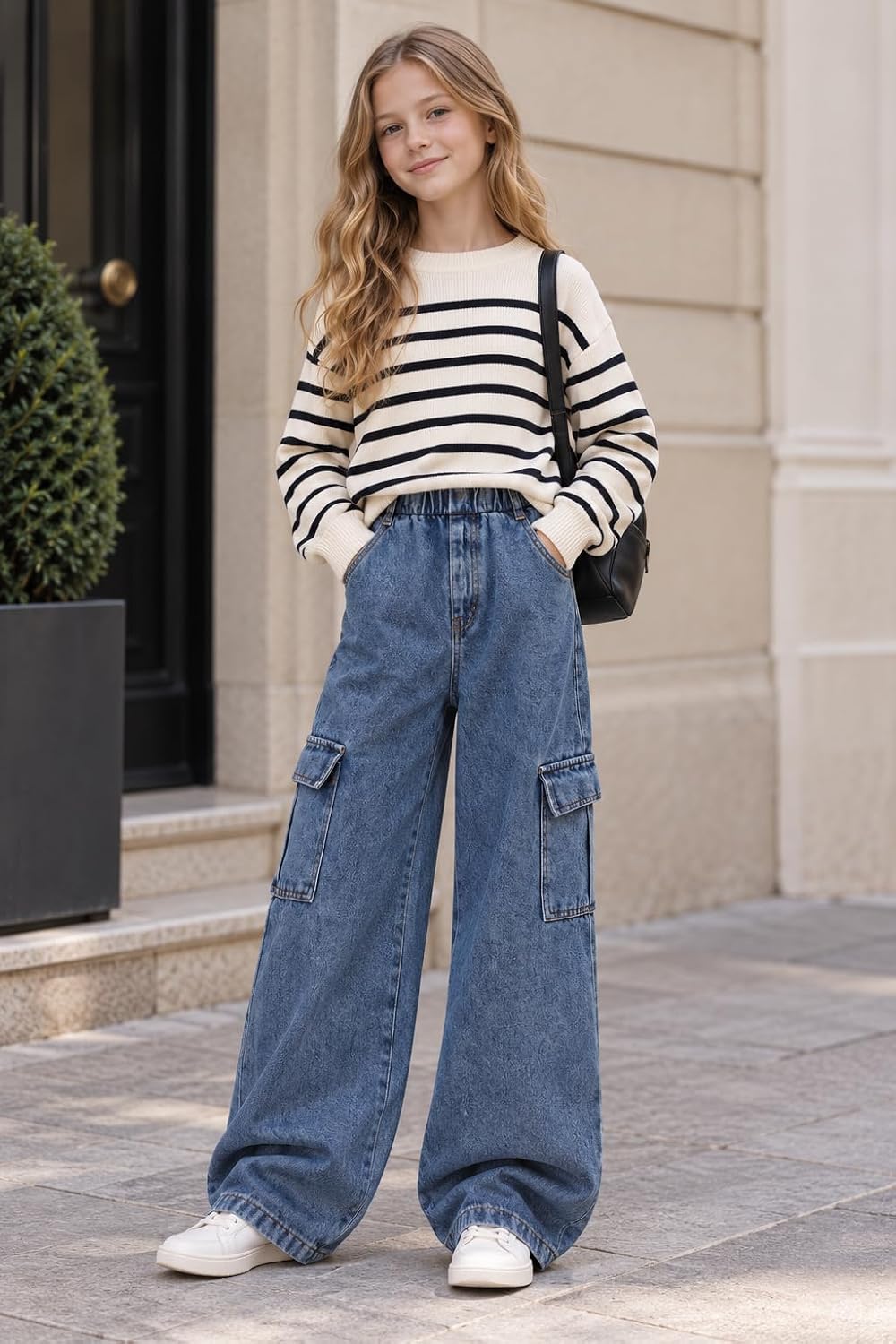 Azmxynol Girls Jeans Denim Cargo Pants Wide Leg Tween Girl High Waist Jean Pant, Size 9-16 Years