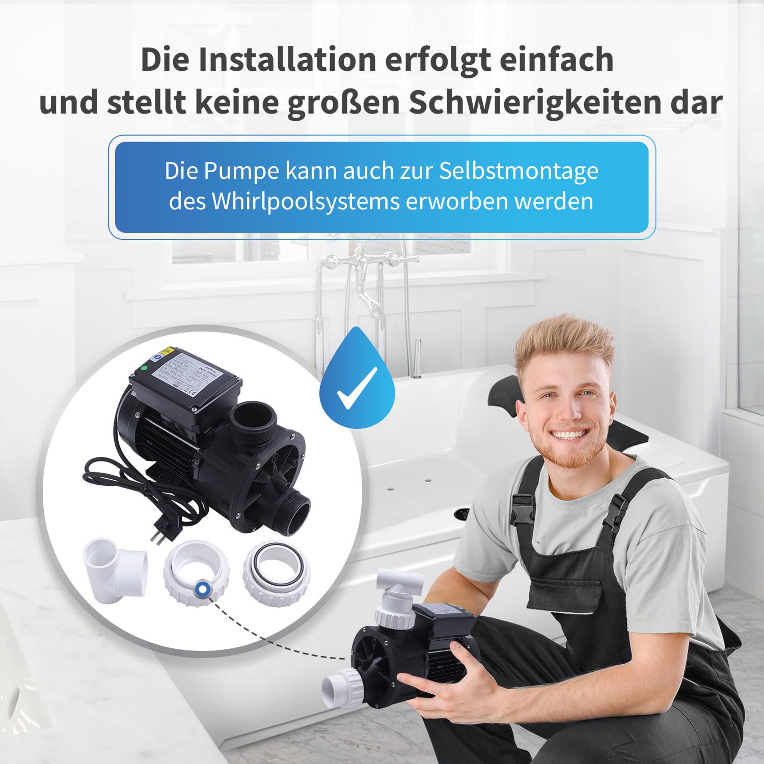 AQUADE Whirlpoolpumpe Zirkulationspumpe Umwälzpumpe Filterpumpe SPA-Pumpe Whirlpool-Pumpe Pneumatik mit TÜV und CE Zeichen 0.75 KW / 1.0 HP