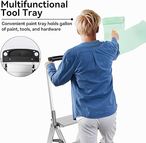 Miniatura 6 de Yvan Step Ladder Pro con plataforma de herramientas, taburete plegable de aluminio de 3 escalones con pedal ancho antideslizante, patas de goma,