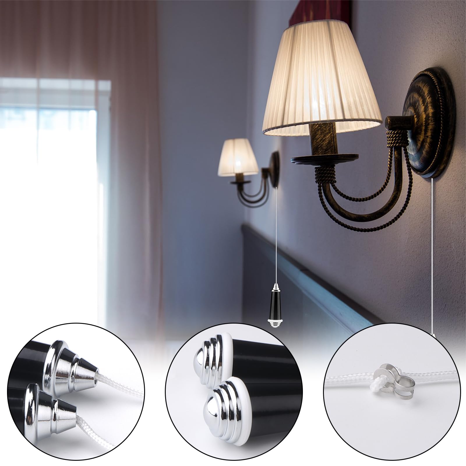 TXErfolg 2Pcs Bathroom Light Pull Cord 8cm Light Pull Handle with 150cm Cord Connector Light Switch Pull Cord Chrome Pull Cord Handle for Ceiling/Toilet Light Blind Cord Pull Handle - Image 3