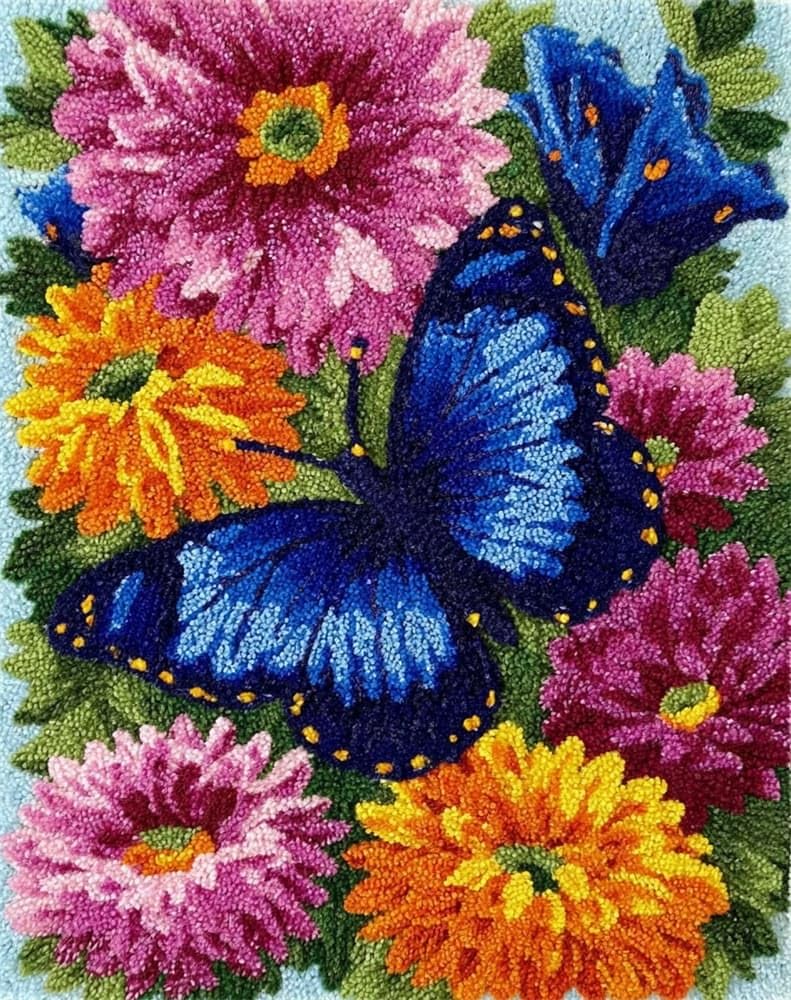 FWRTYCB Latch Hook Kits Rug Making Crafts with Pattern Printed,Butterfly Floral 20X15Inch Large Latch Hook Rug Kit Tapestry Rug Making Kits DIY Crafts Unfinished Handmade Crochet Yarn for Adults Be