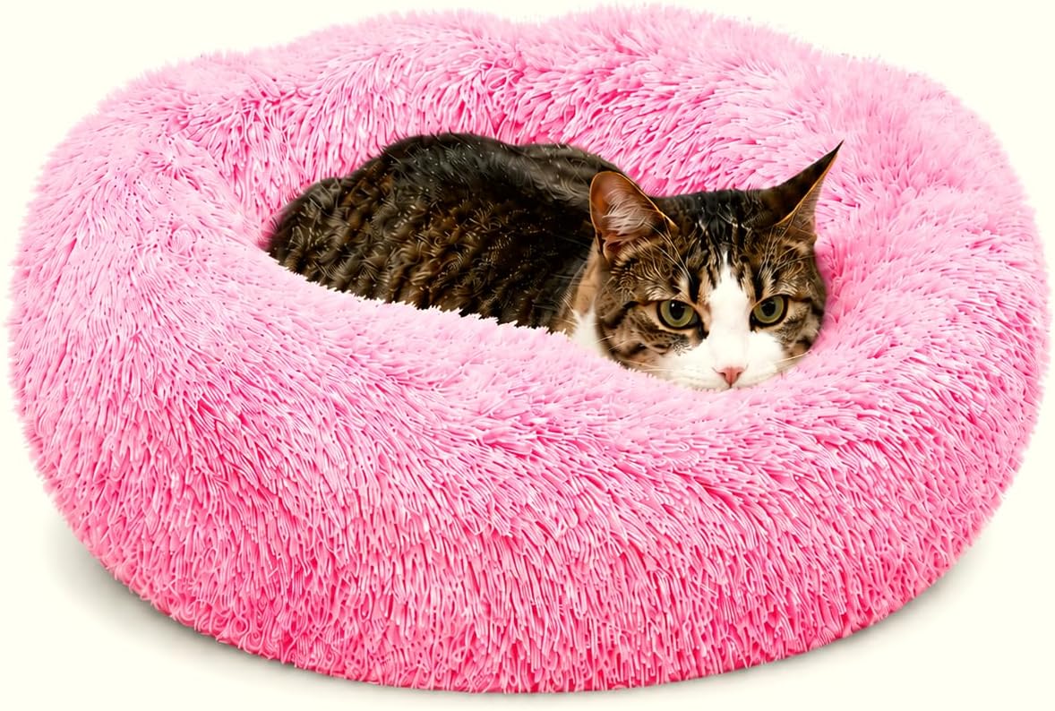 Whiskers & Friends Cat Beds for Indoor Cats, Fluffy Pink Cat Bed Small Dog | Orthopedic Soft Plush Calming Donut Bed, Washable Round Pet Bed, Sized for Kitten to Large Cats & Puppy to Small Dogs