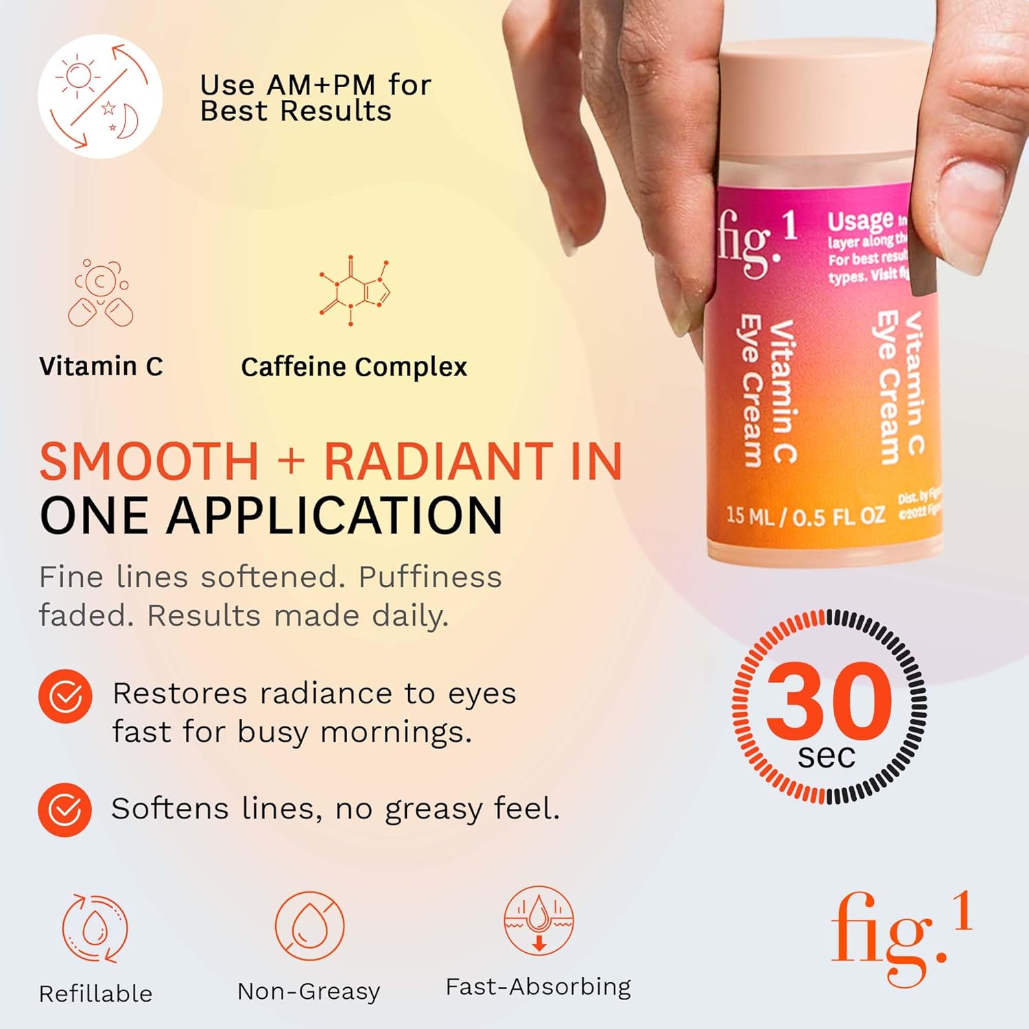 Fig.1 Triple Action Vitamin C Eye Cream Refill | Anti Aging Under Eye Cream for Dark Circles, Puffiness & Wrinkles | Vitamin C + Caffeine to Glow & Refresh Tired Eyes | Fragrance-Free, Refillable - Image 7