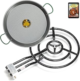 COMBOI Paellero gas butano 60 cm paellera 70 cm y libro de recetas digital, quemador de gas de tres roscos.