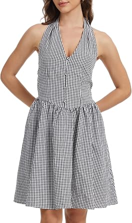 KEOMUD Women Summer Gingham Dress Casual Breathable Halter Plaid Mini Dress Beach Sundress with Ruffled Skirt