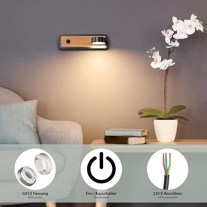ledscom.de ledscom.de Leeslamp/wandlamp RUTI, schakelaar, zwart/hout-effect mat, 1x GX53 max. 60W photo 3