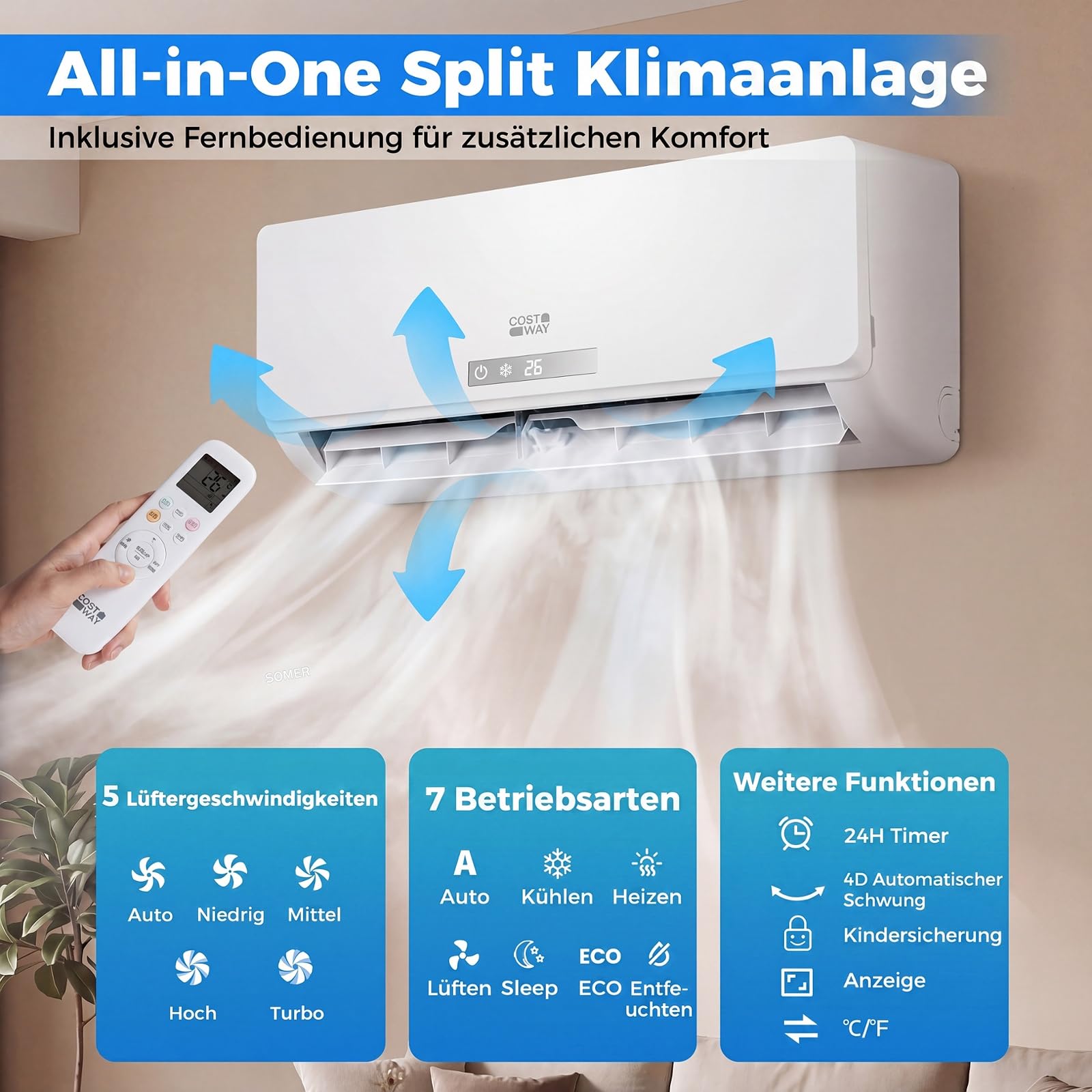 COSTWAY Klimaanlage Split 12000BTU, 3,4kW | Klimagerät leise mit Heizfunktion, WiFi & App & R32 Kältemittel, Klimasplittgeräte inkl. Montagematerial, Air Conditioner