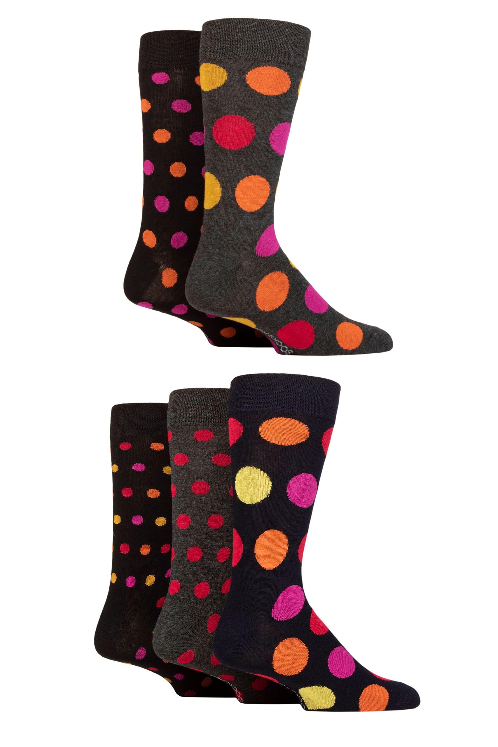 Sockshop Men's Polka Dot Black Red Hot Patterned Bright Colourful Natural Bamboo Socks Various Designs For Everyday Wear Size 7-11 Pack Of 5 7-11